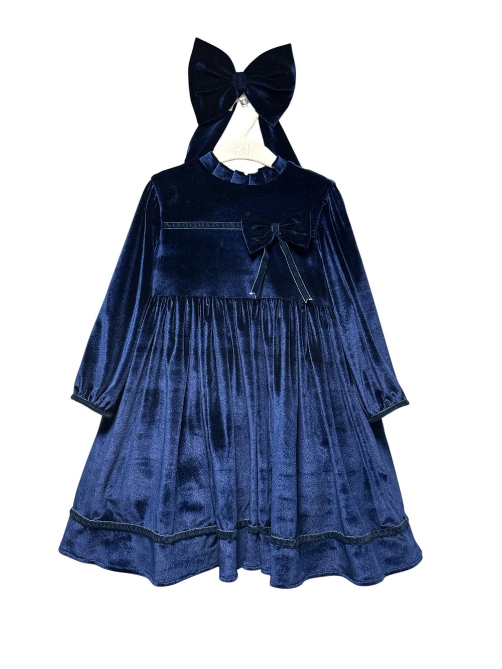 Navy Blue Velvet Girls Dress & Bow Set Size 4-5Y Tulle Holiday